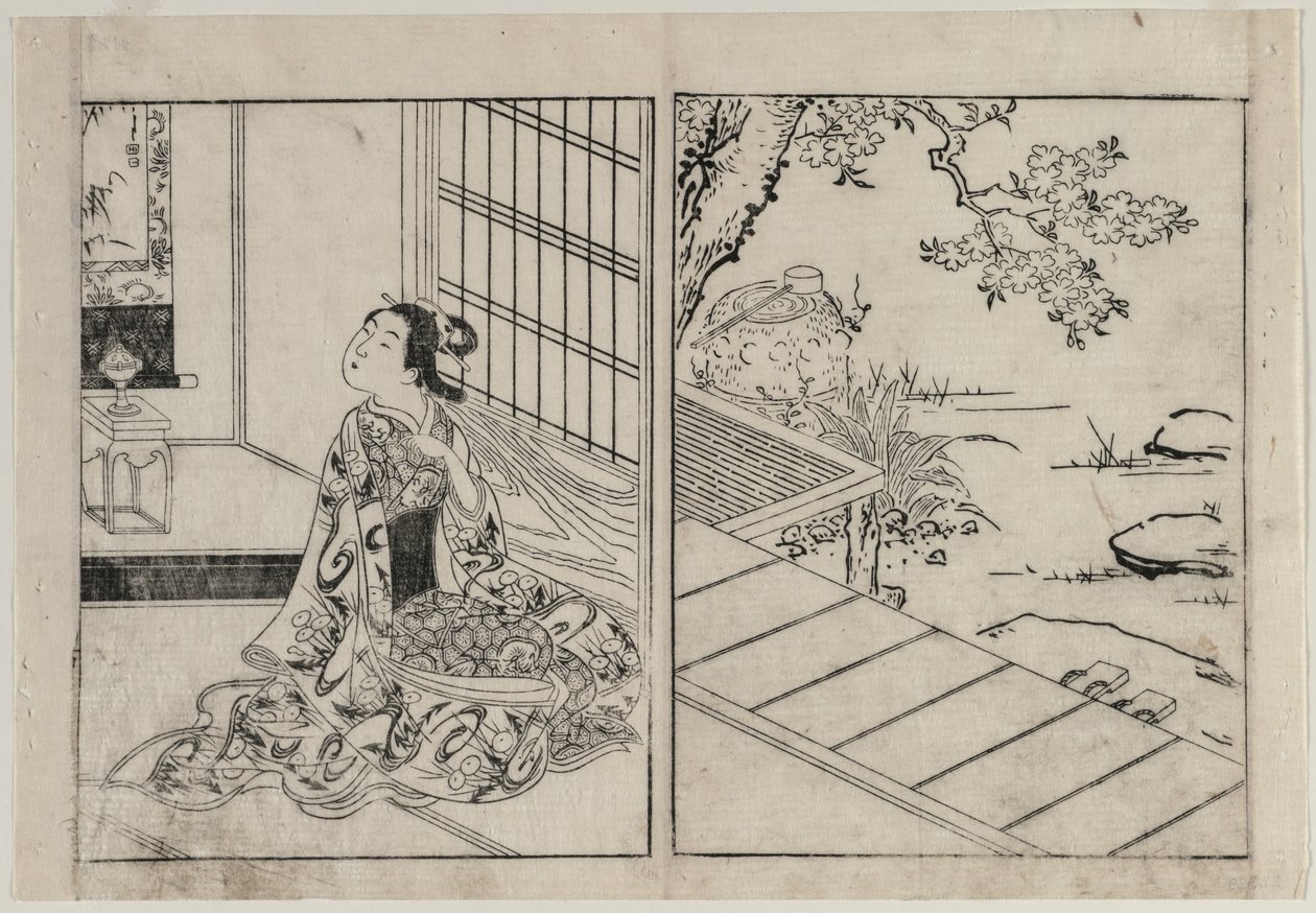 Vrouw die naar een Hangende Rol kijkt, ca. 1740 door Nishikawa Sukenobu