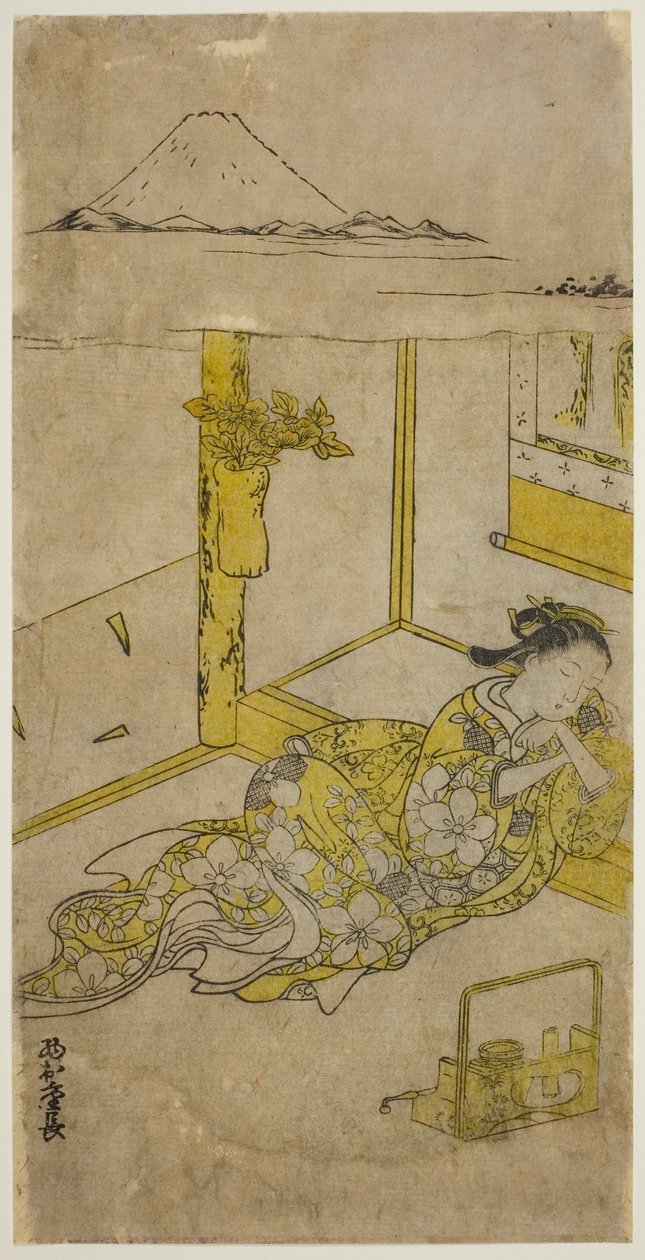 Slapende jonge vrouw met de berg Fuji erboven door Nishimura Shigenaga