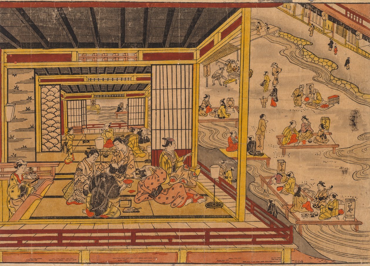 Theehuis naast de Kamo-rivier in Kyoto door Nishimura Shigenaga