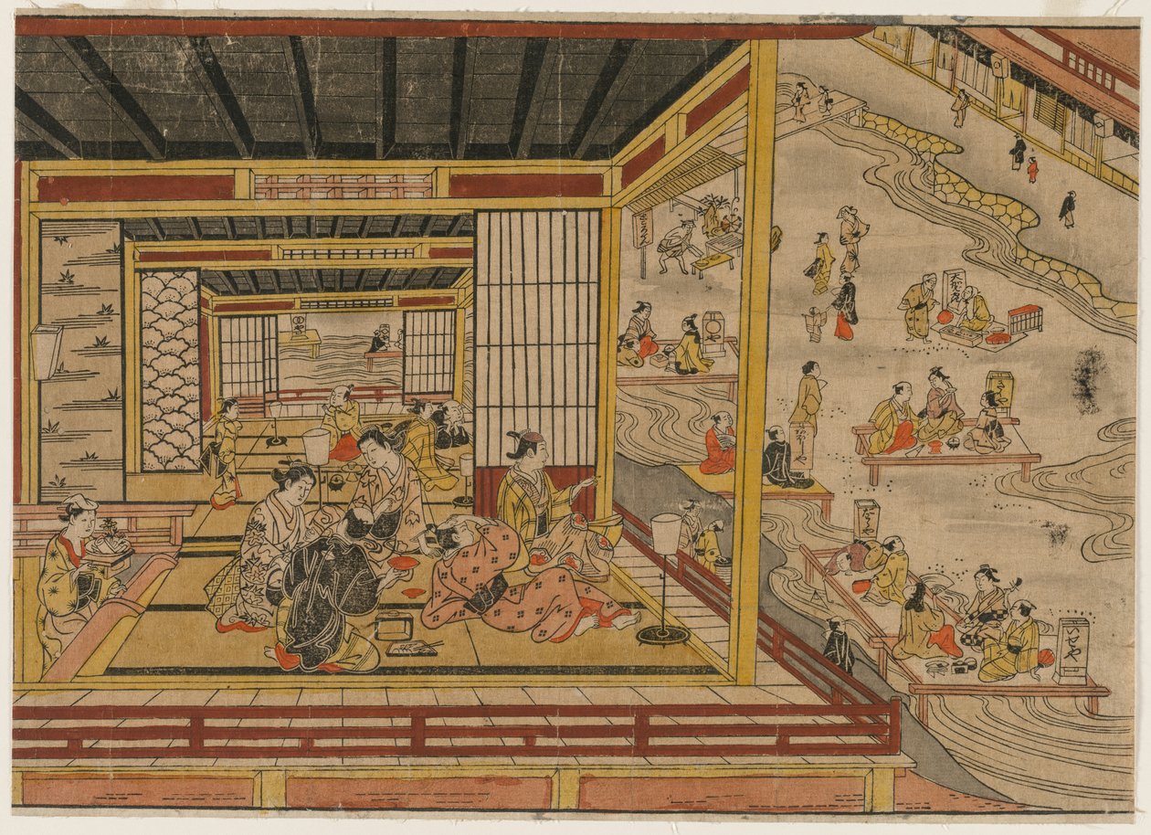 Theehuis naast de Kamo-rivier in Kyoto door Nishimura Shigenaga