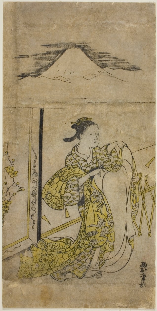 Vrouw die kimono vasthoudt met Mt. Fuji erboven door Nishimura Shigenaga
