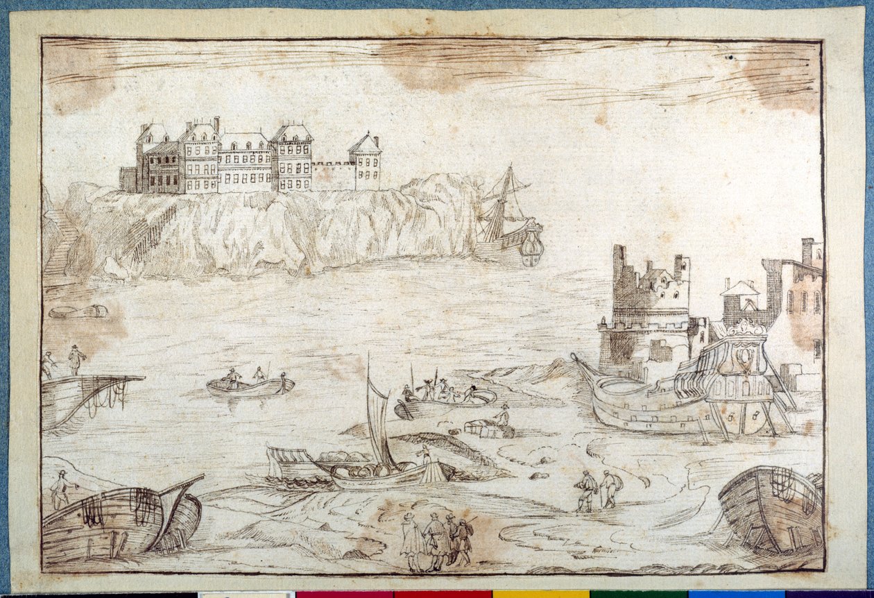 Een kasteel op kliffen, met studies van galeien en vissersboten door Noel Gasselin