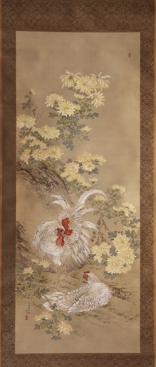 Kippen en chrysanten door Noguchi Yukoku