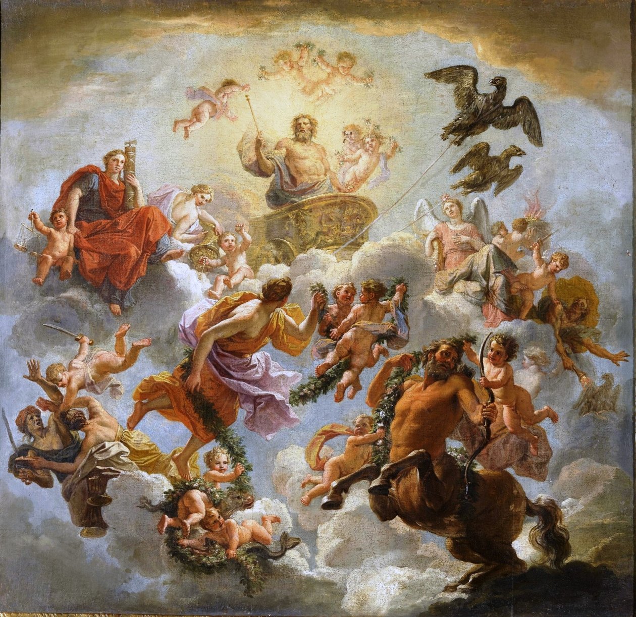 Frans: Jupiter accompagné de la Justice et de la Piété Jupiter Koets tussen Gerechtigheid en Vroomheid door Noël Coypel