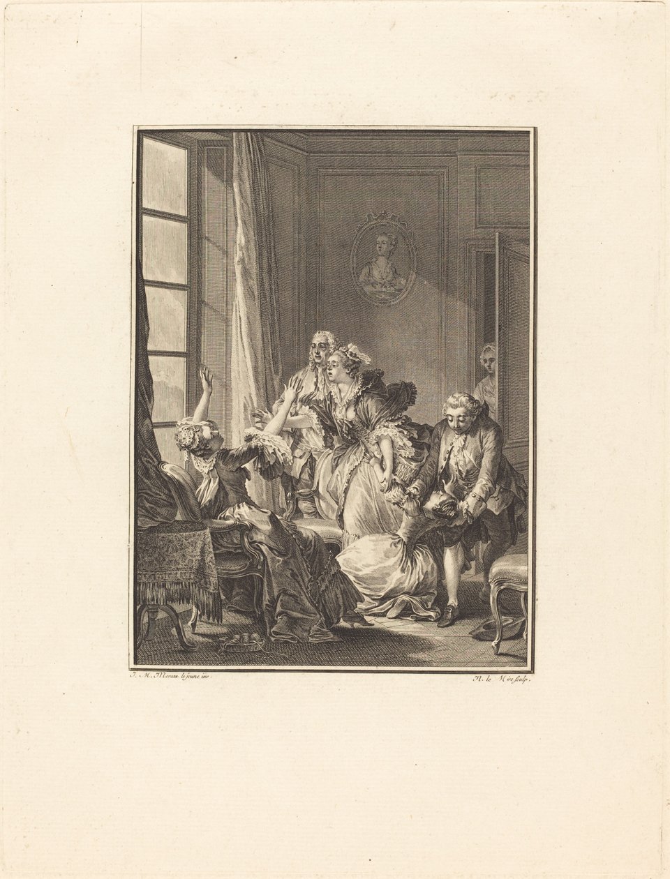 Julie valt flauw in een fauteuil door Noël Le Mire after Jean Michel Moreau