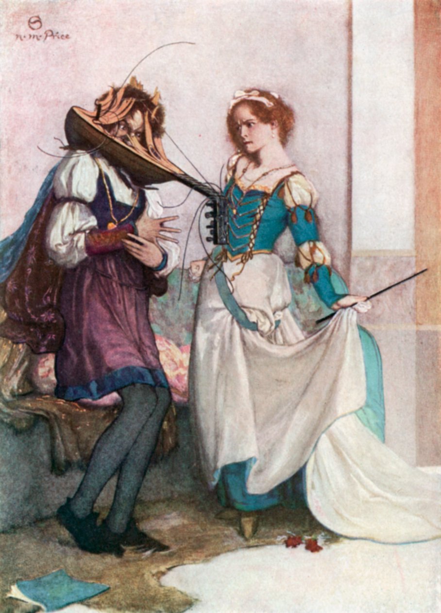 De zachte Katherine. Het temmen van de feeks - Act II, Scène 1 (kleurenlitho) door Norman Mills (after) Price