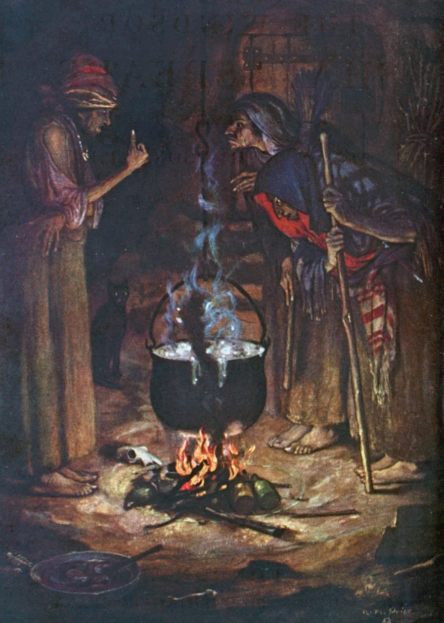 De vreemde zusters. Macbeth - Akte IV, Scène 1 (kleurenlitho) door Norman Mills (after) Price