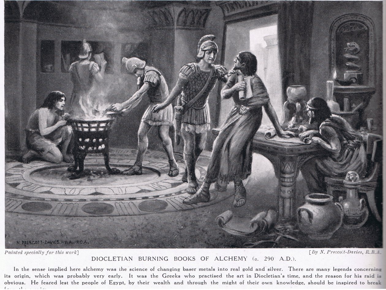 Diocletianus verbrandt boeken over alchemie 290AD door Norman Prescott Davies