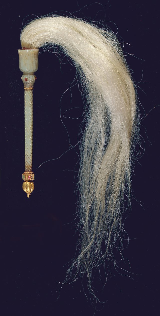 Een Mughal gesneden jade vliegenmepper (jade, rode steen goud & paardenhaar), ca. 1775-79 door North Indian School