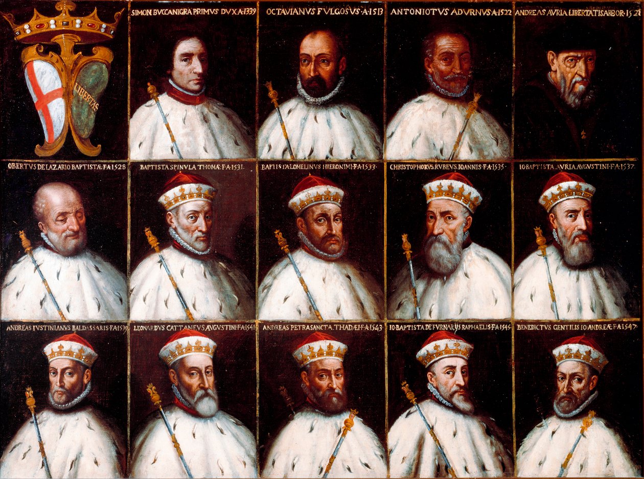 Wapenschild van de Republiek Genua en portretten van de doges - Simone Boccanegra, Ottaviano Fregoso en Antoniotto II Adorno; Andrea Doria. Oberto Cattaneo Lazzari, Battista Spinola, Battista Lomellini, Cristoforo Grilaldi Rosso, Giovanni Battista Doria door Northern Italian School