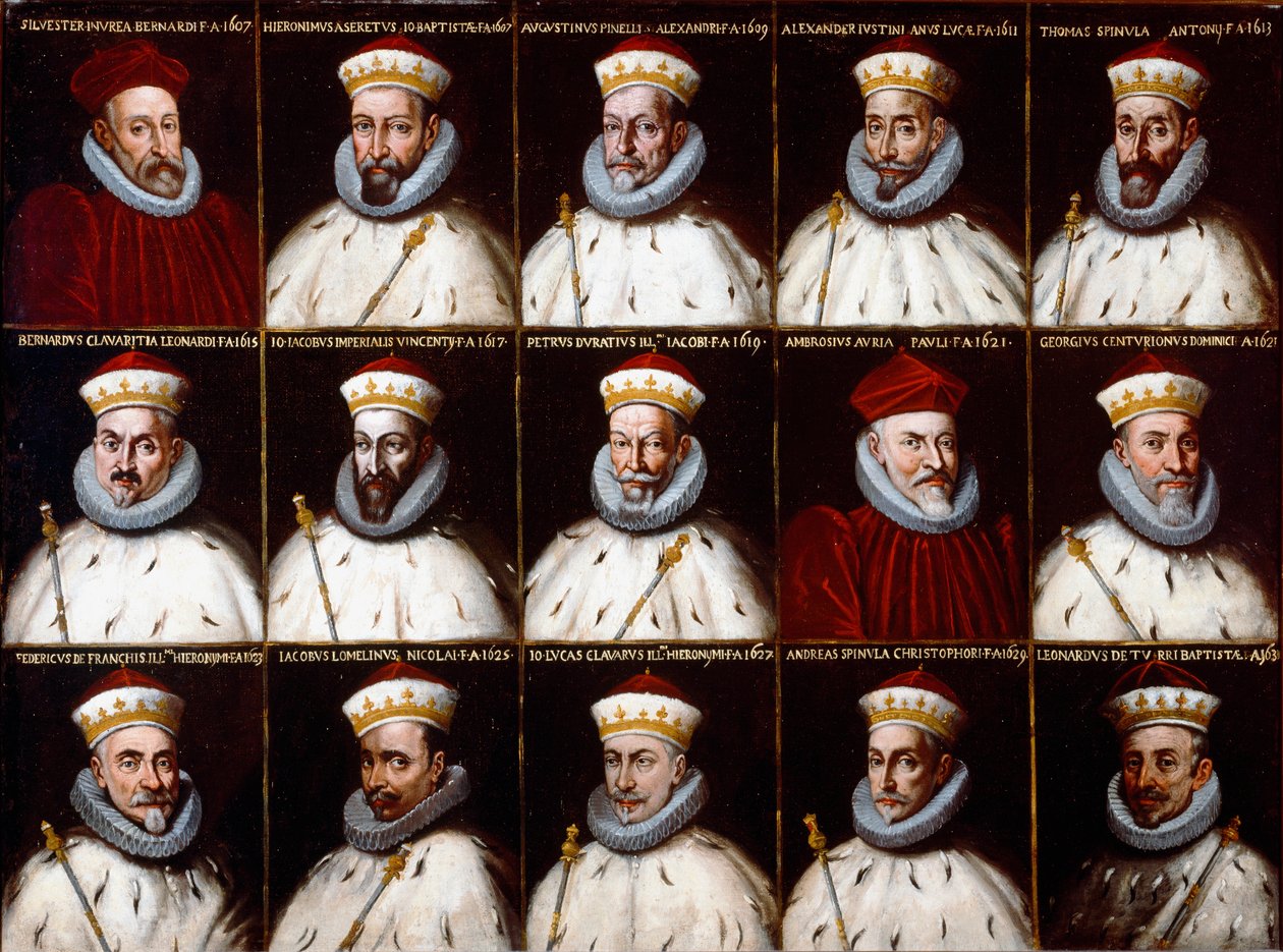 Wapenschild van de Republiek Genua en portretten van de doges. Silvestro Invrea, Gerolamo Assereto, Agostino Pinello Luciani, Alessandro Giustiniani Longo, Tomaso Spinola, Clavarezza Bernardo, Giovanni Giacomo Imperiale (Tartaro), Pietro Durazzo, Ambrogio door Northern Italian School