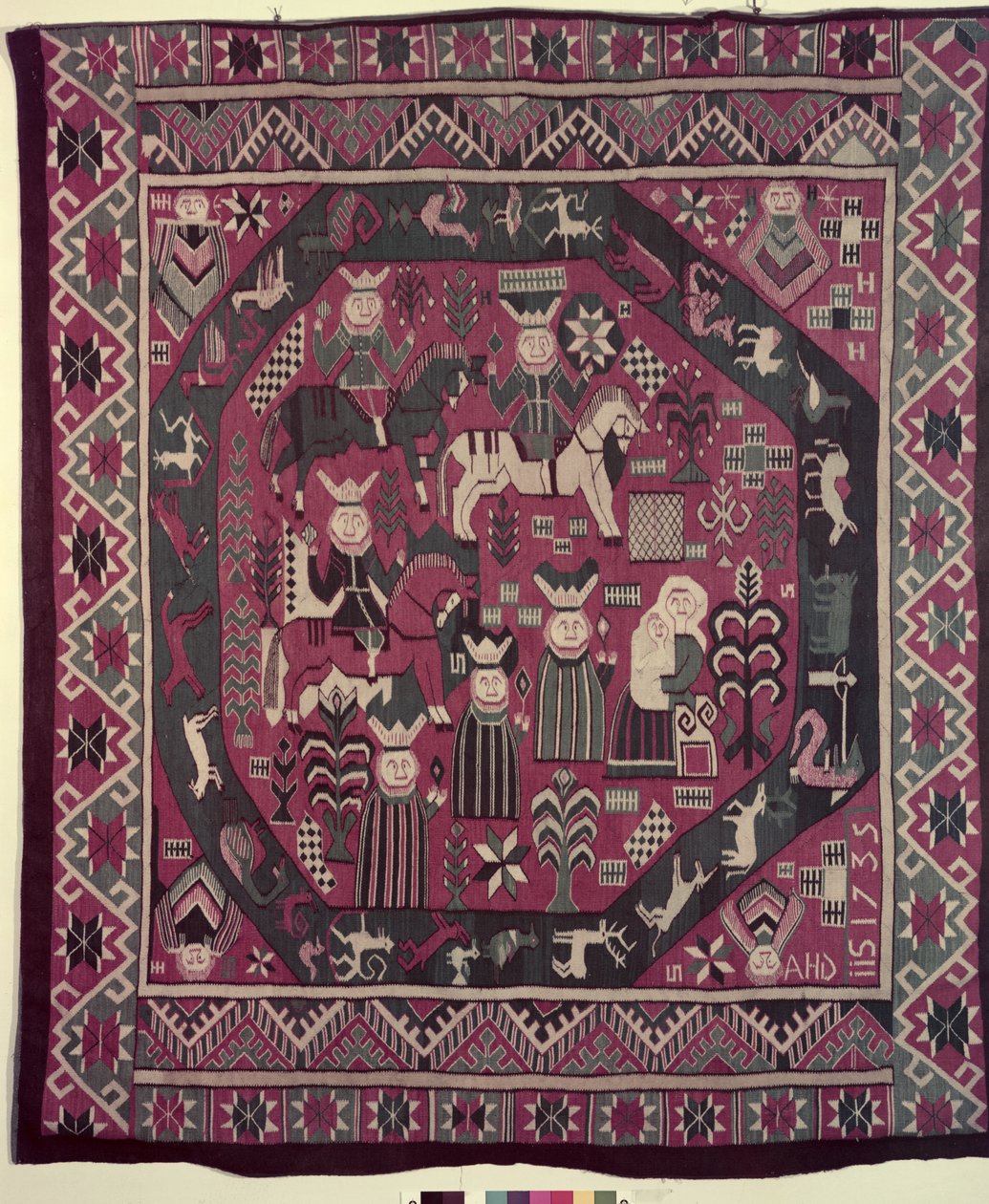 Tapijt met ridders, een moeder met haar kind en verschillende andere figuren, 1735 (wol) door Norwegian School