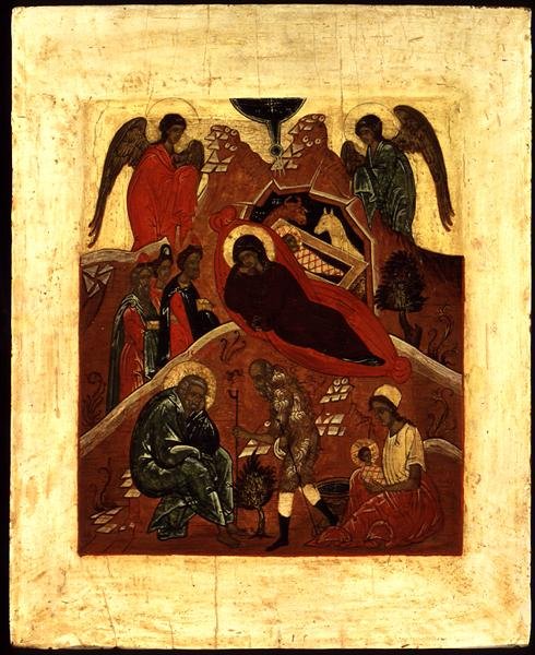 Icoon van de Geboorte, de Aanbidding van de Wijzen en de Verleiding van St. Joseph, c.1500 door Novgorod School