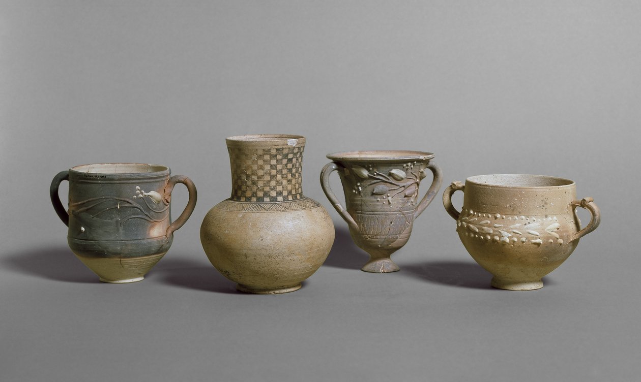 Barbotine bekers en kleine pot, Meroïtische periode (c.400 v.Chr. - c.400 n.Chr.) door Nubian