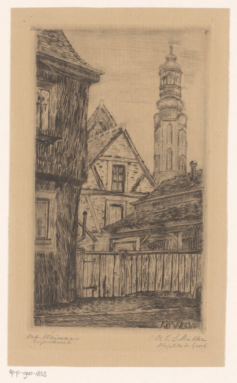 Stadsgezicht met de toren in Weimar door Octavia Cornelia Suzanna Hofstede de Groot (signed by artist)