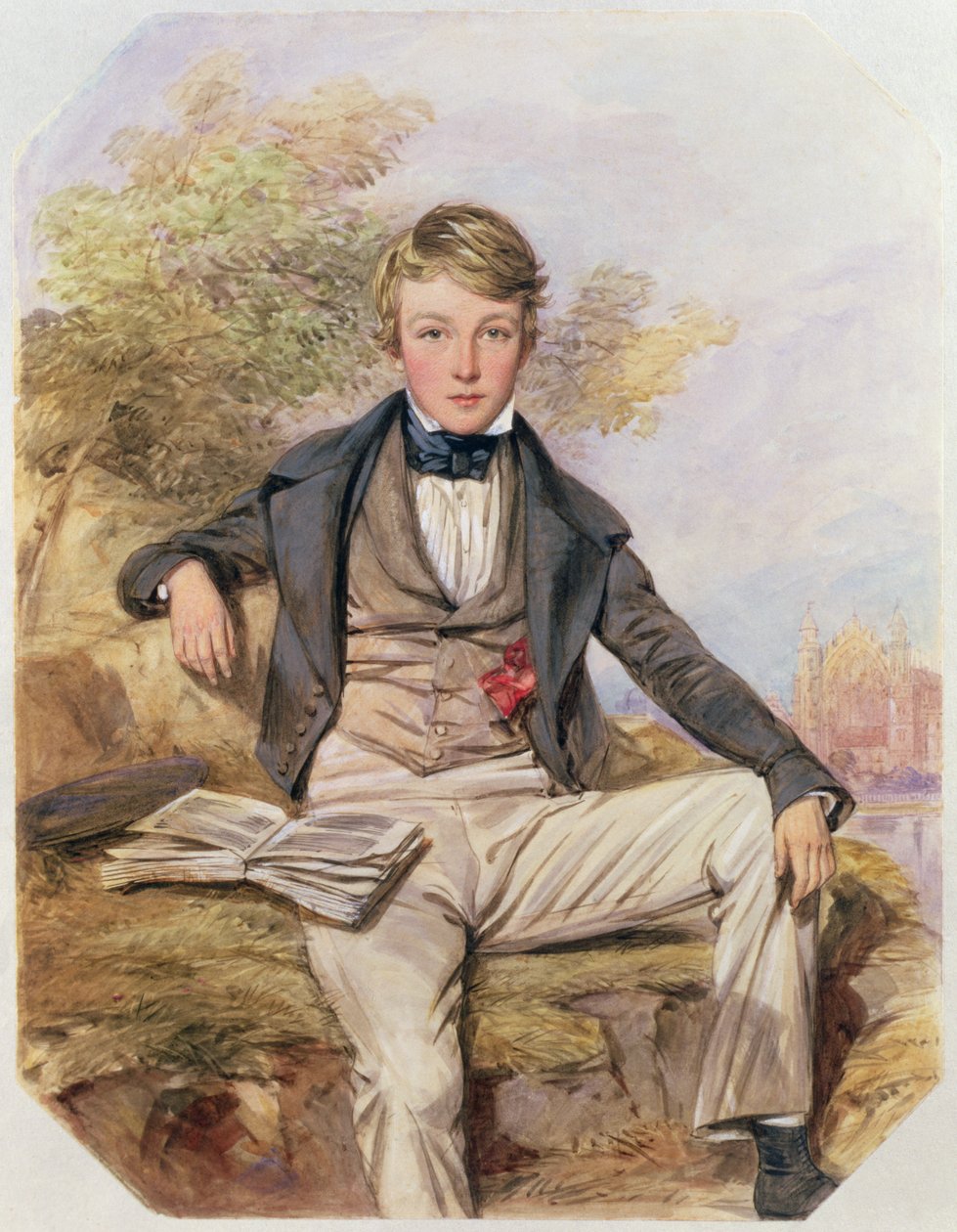 Portret van Benjamin Gibbons zittend, met uitzicht op Eton College door Octavius Oakley