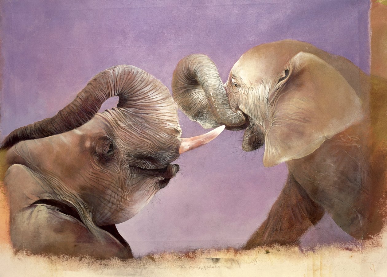 Olifanten aan het spelen, 2001 (acryl op doek) door Odile Kidd