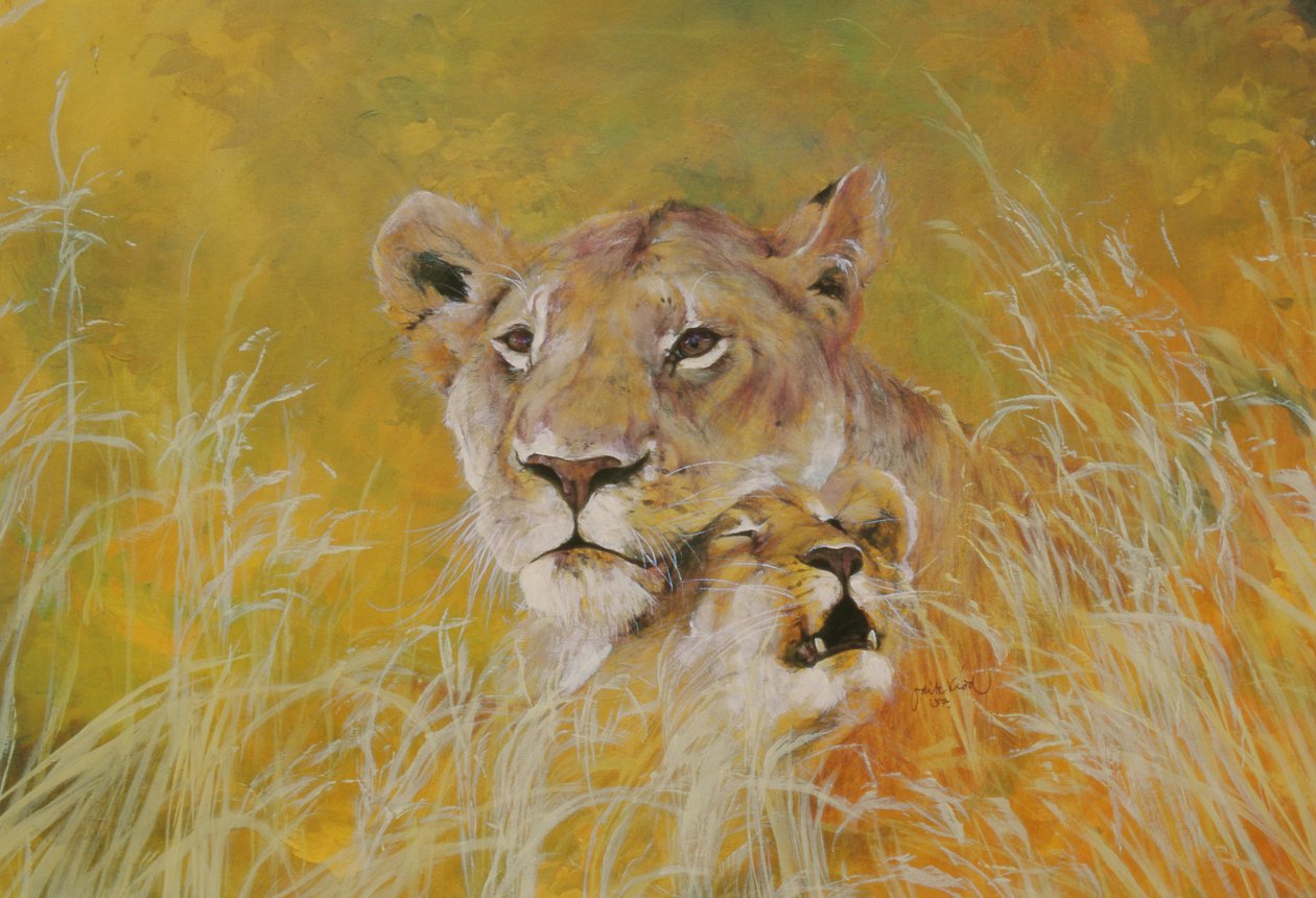 Moeder en baby I (Leeuwen) 1995 (inkt, acryl en potlood op papier) door Odile Kidd