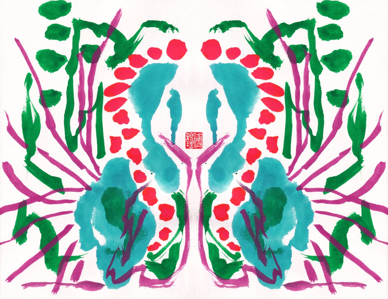 Pauw groen rood bloemenpatroon door Odilia W. Y. Fu