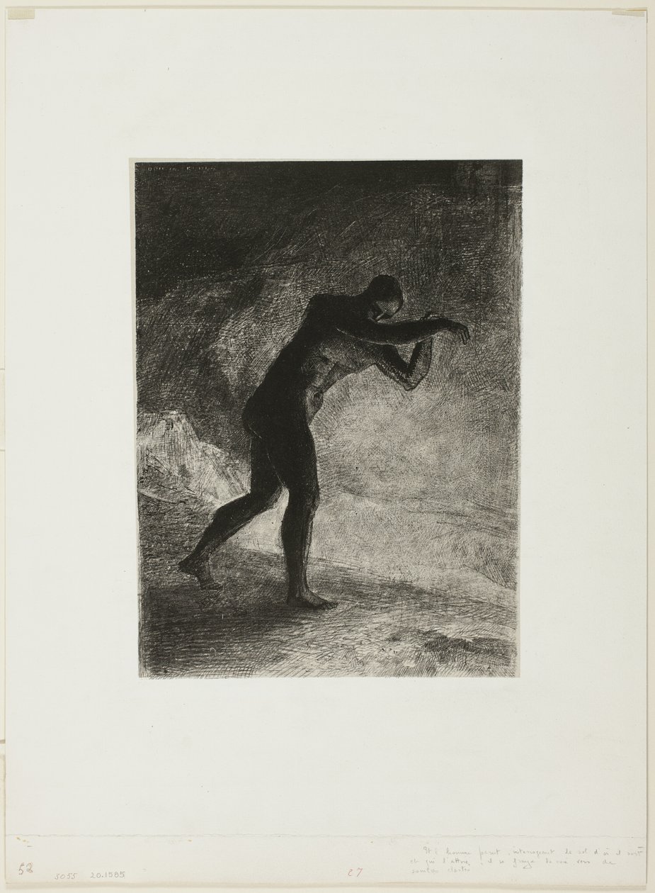 En de mens verscheen; Vragend naar de aarde waaruit hij voortkwam en die hem aantrok, maakte hij zijn weg naar sombere helderheid, plaat 8 van 8 uit "Les Origines" door Odilon Redon
