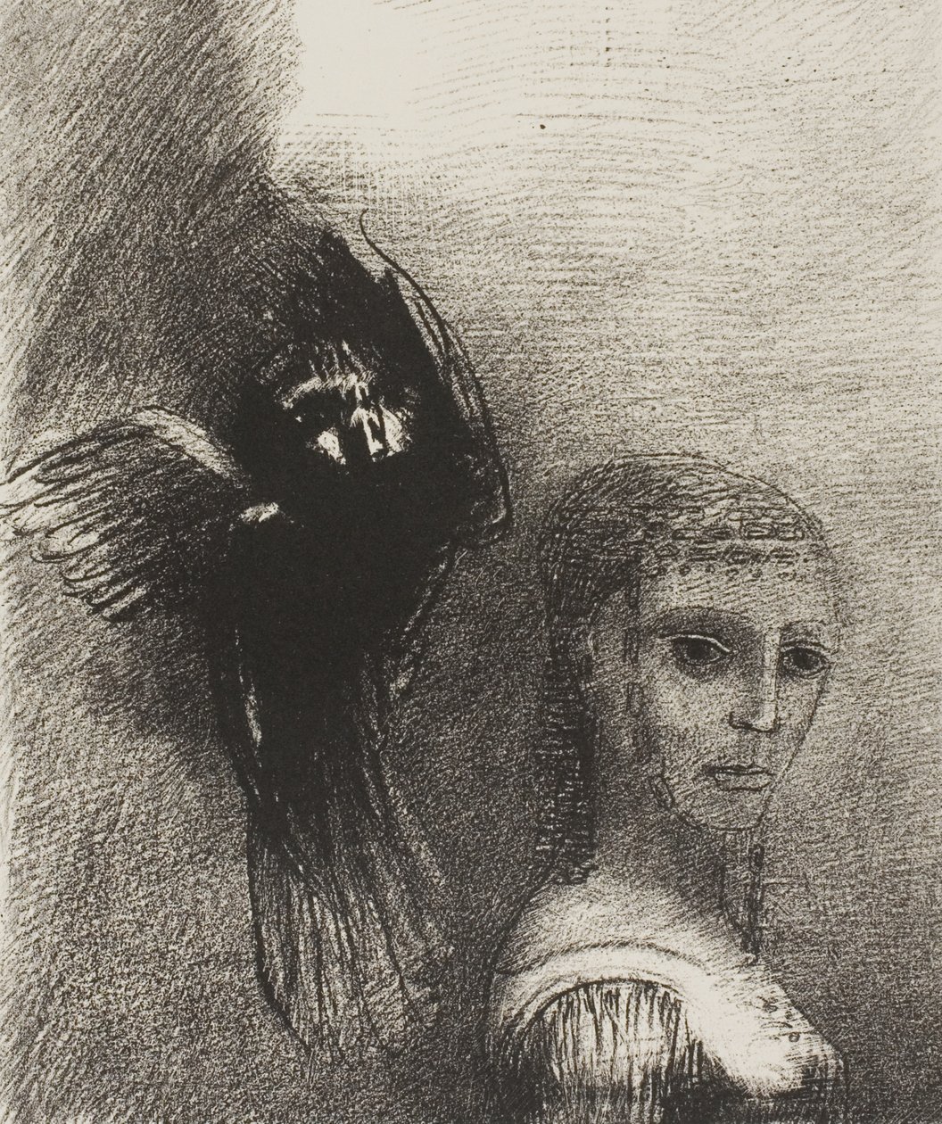 En een grote vogel, die uit de lucht neerdaalt, werpt zich tegen het hoogste punt van haar haar, plaat 3 van 10 door Odilon Redon