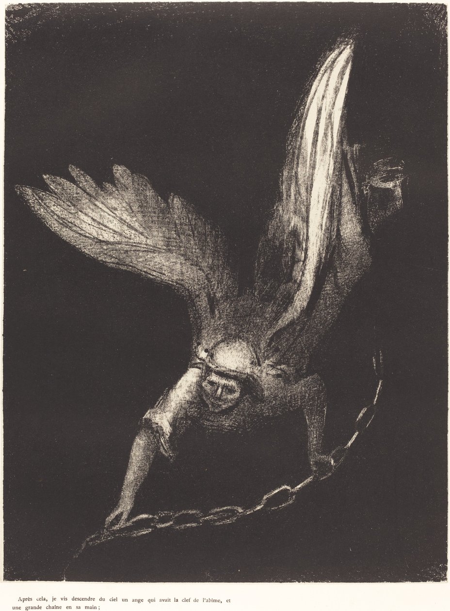 En toen zag ik een engel uit de hemel neerdalen, met de sleutel van de afgrond en een grote ketting in zijn hand door Odilon Redon