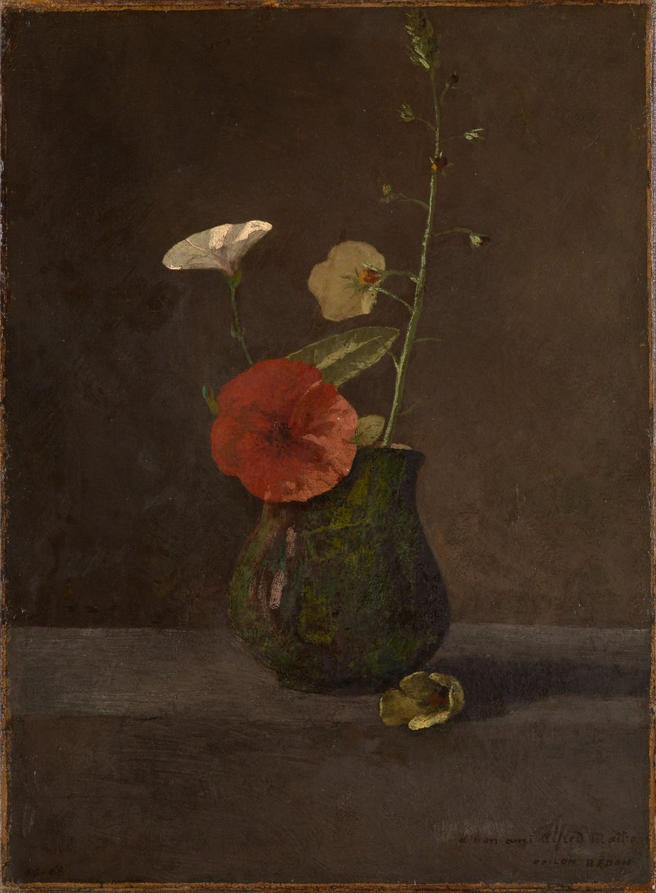 Bloemstilleven in een groene kruik door Odilon Redon
