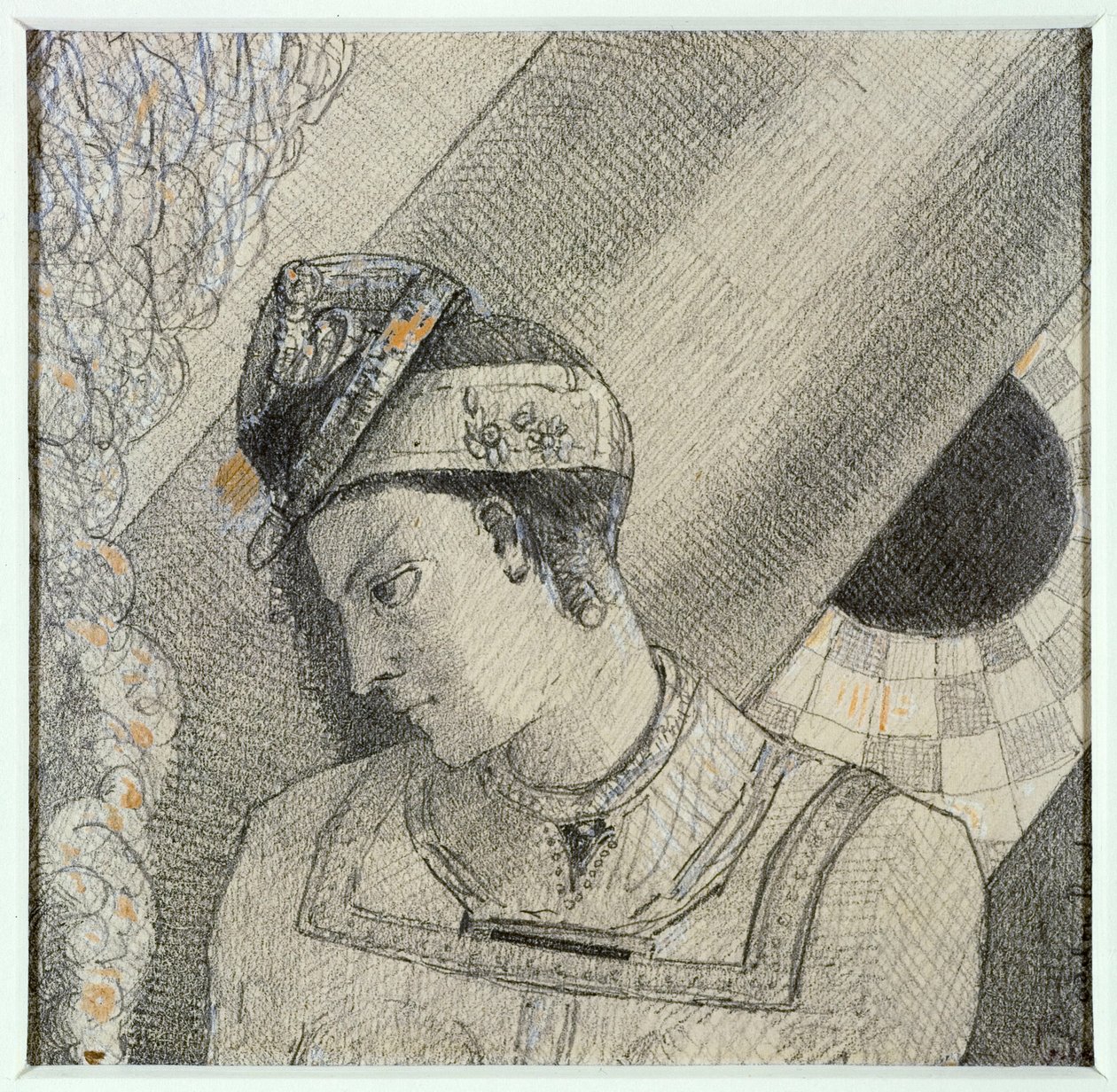 Buste van een vrouw met het hoofd naar links gebogen door Odilon Redon