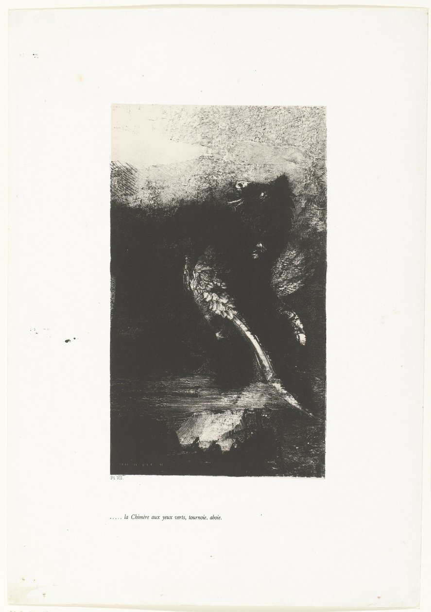 De Chimaera met groene ogen, schreeuwend, ronddraaiend door Odilon Redon