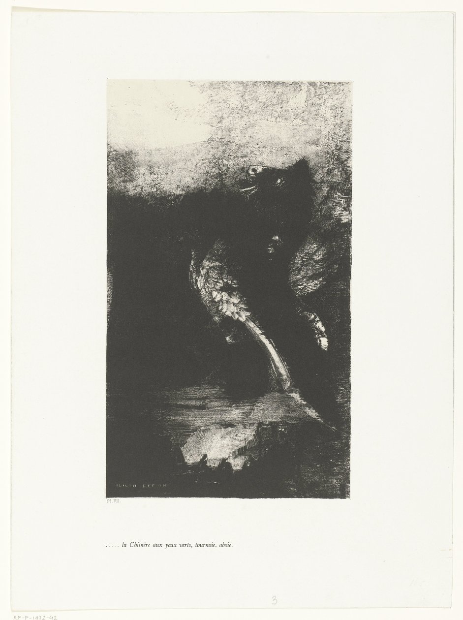 De Chimaera met groene ogen, schreeuwend, ronddraaiend door Odilon Redon
