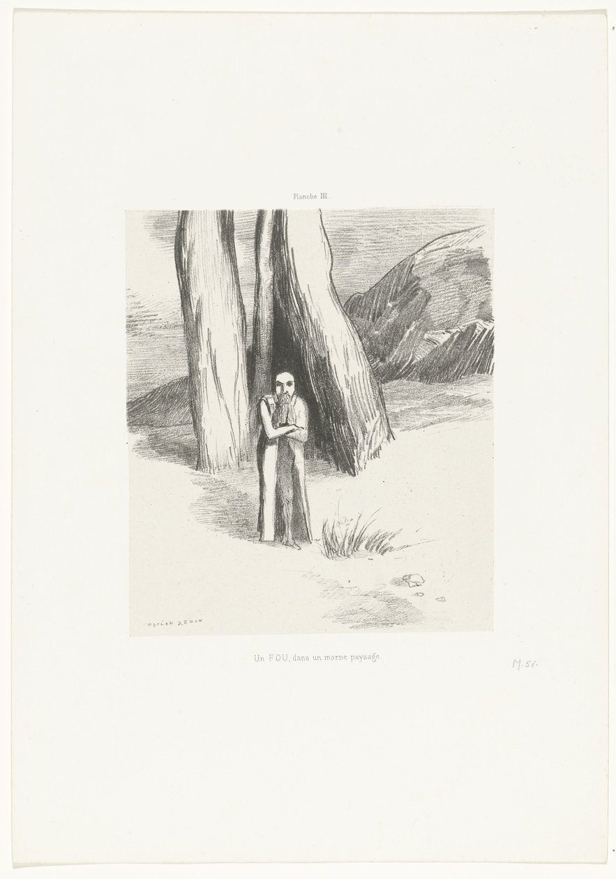 Een gek in een somber landschap door Odilon Redon