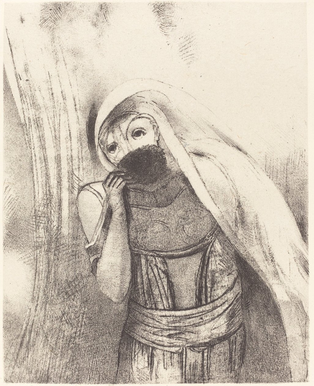 Ze haalt een spons uit haar borst, helemaal zwart, en bedekt deze met kussen door Odilon Redon