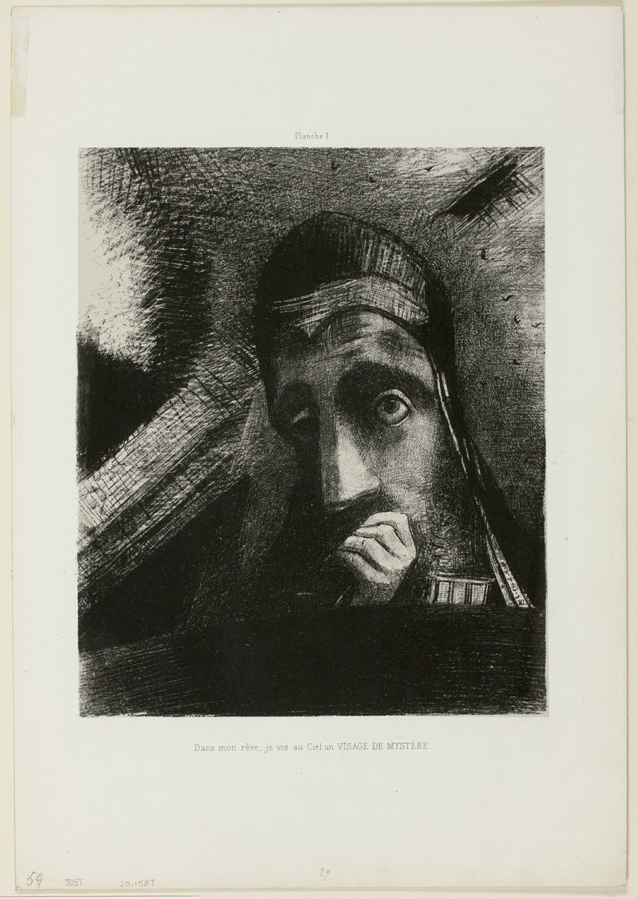 Gezicht van Mysterie (In mijn droom zag ik in de lucht een GEZICHT VAN MYSTERIE), plaat 1 uit Hommage aan Goya door Odilon Redon
