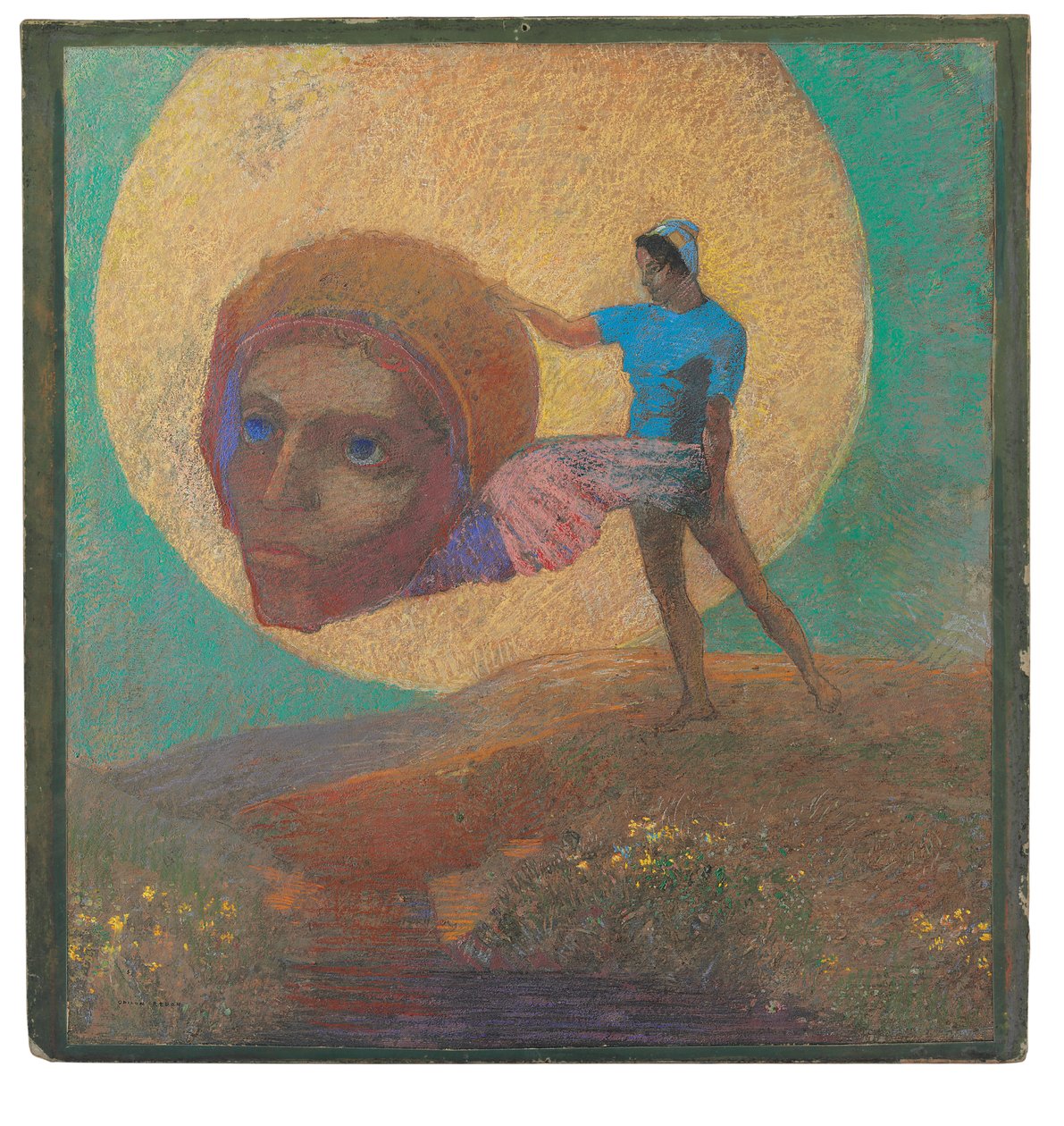 Figuur met gevleugeld hoofd (De val van Icarus) door Odilon Redon