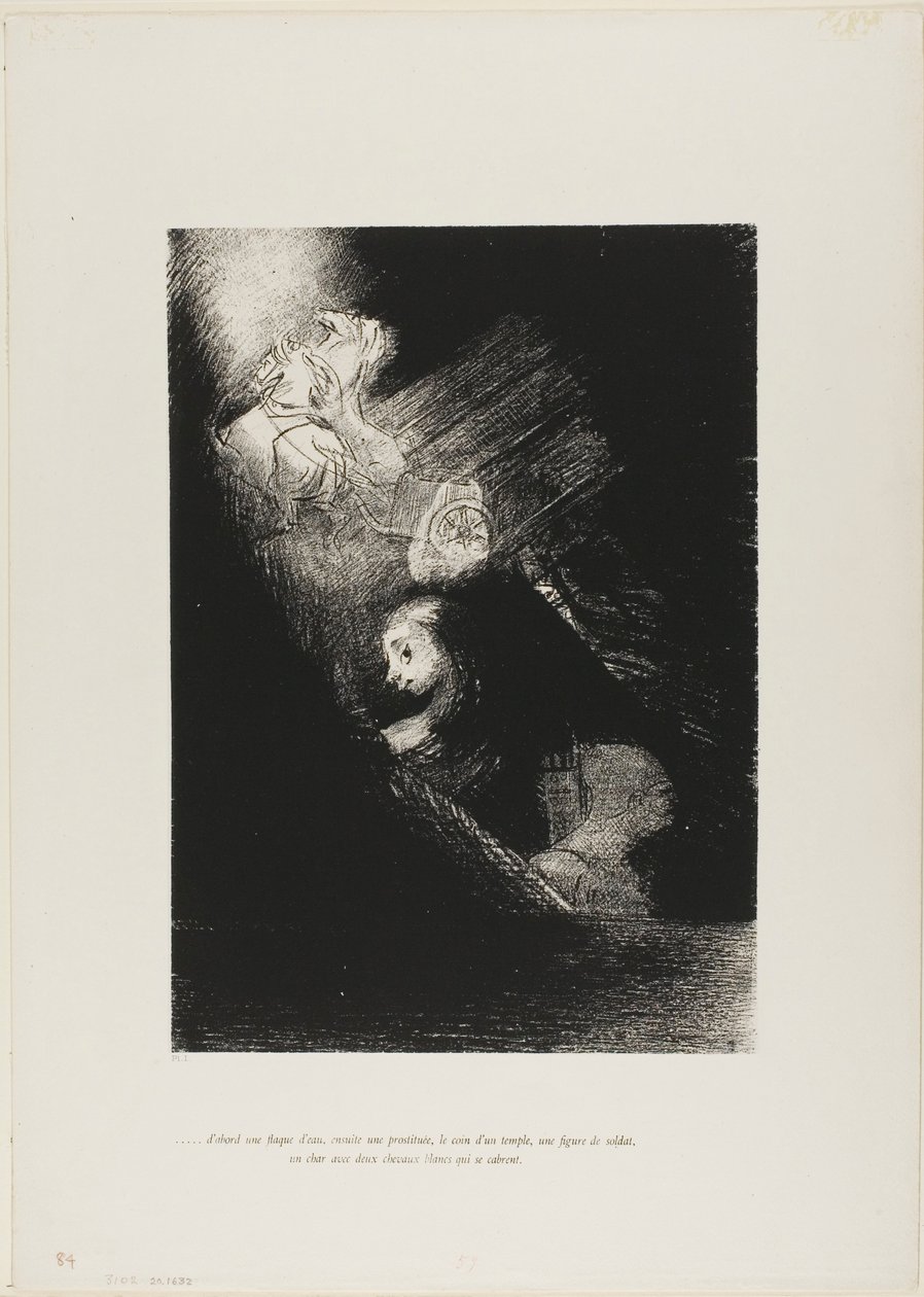Eerst een plas water, dan een prostituee, de hoek van een tempel, het gezicht van een soldaat, een wagen met twee steigerende witte paarden, plaat 1 uit De verzoeking van de heilige Antonius (1e serie) door Odilon Redon
