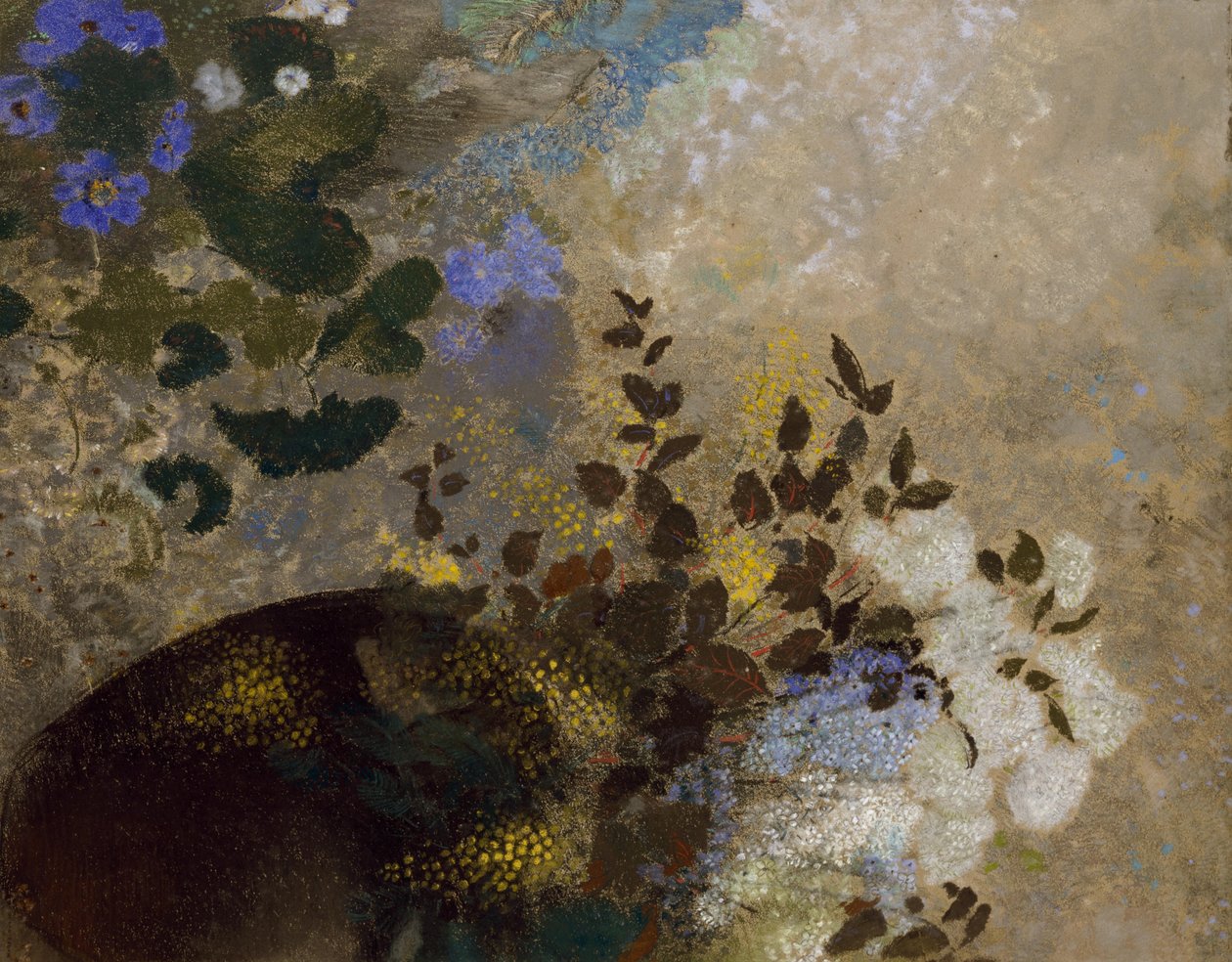 Bloemen in een zwarte vaas door Odilon Redon
