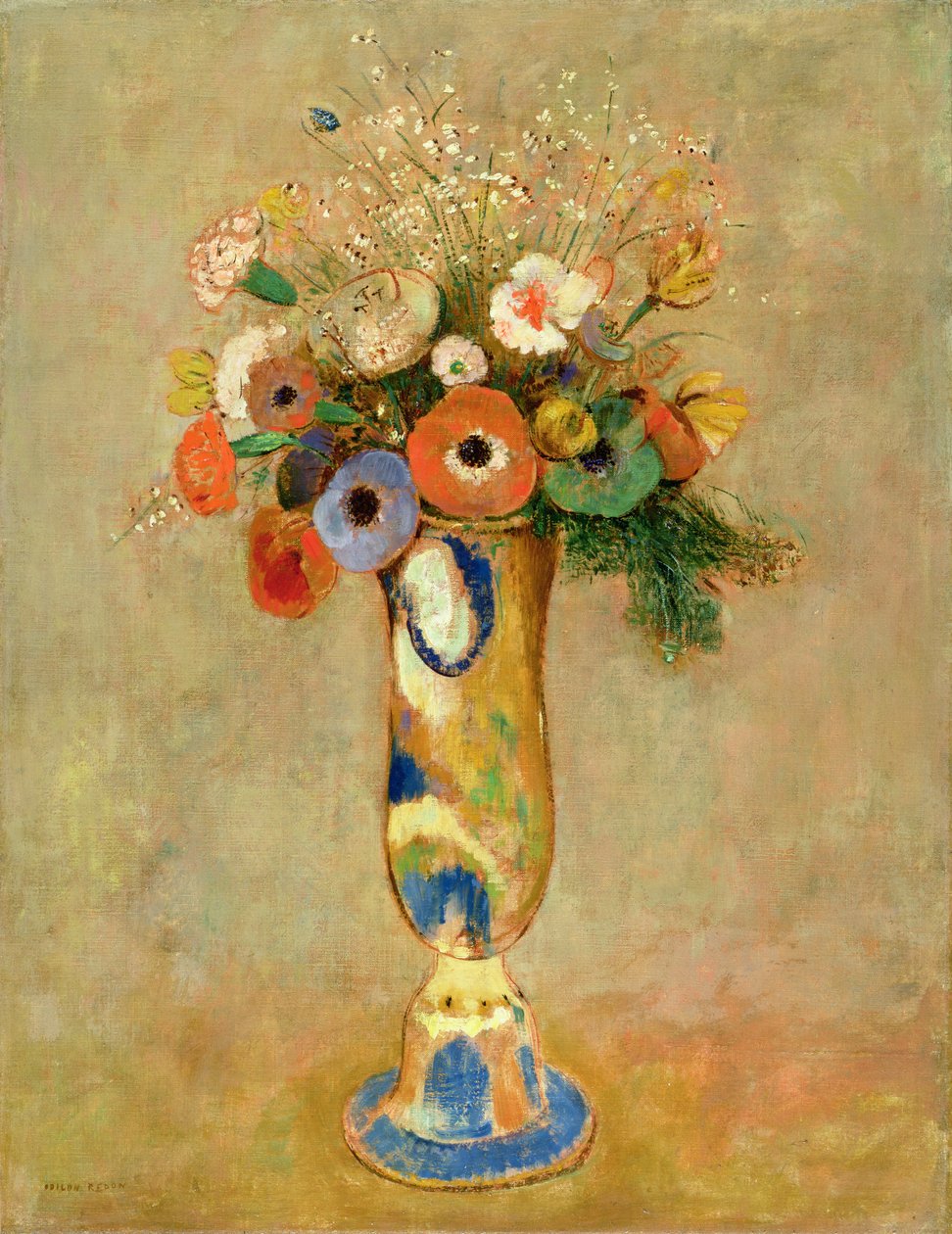 Bloemen in een geschilderde vaas door Odilon Redon