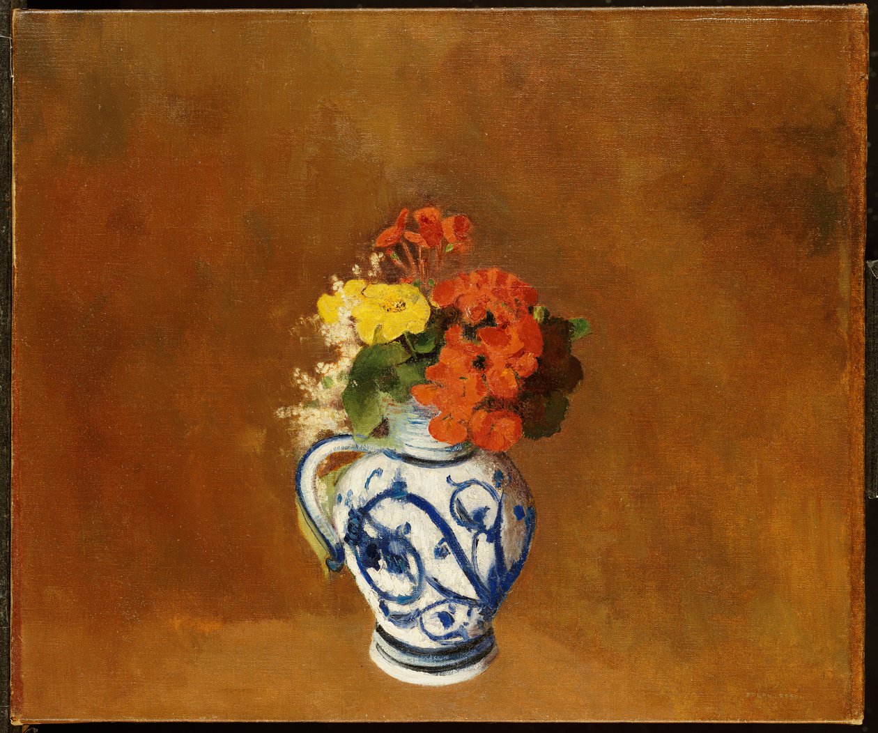 Geraniums en andere bloemen in een steengoed vaas door Odilon Redon