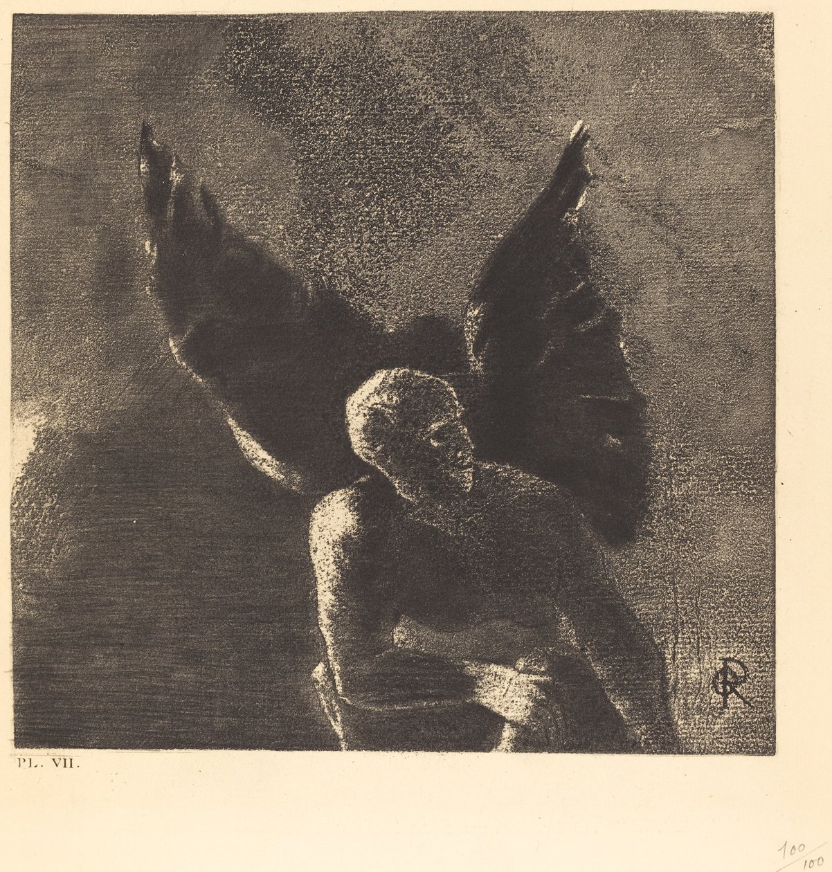 Glorie en lof aan jou, satan, in de hoogten van de hemel waar je regeerde, en in de diepten van de hel, waar je verslagen in stilte droomt! door Odilon Redon