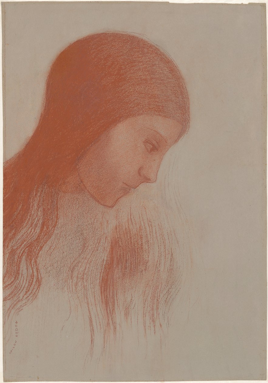 Hoofd van een jong meisje in profiel door Odilon Redon