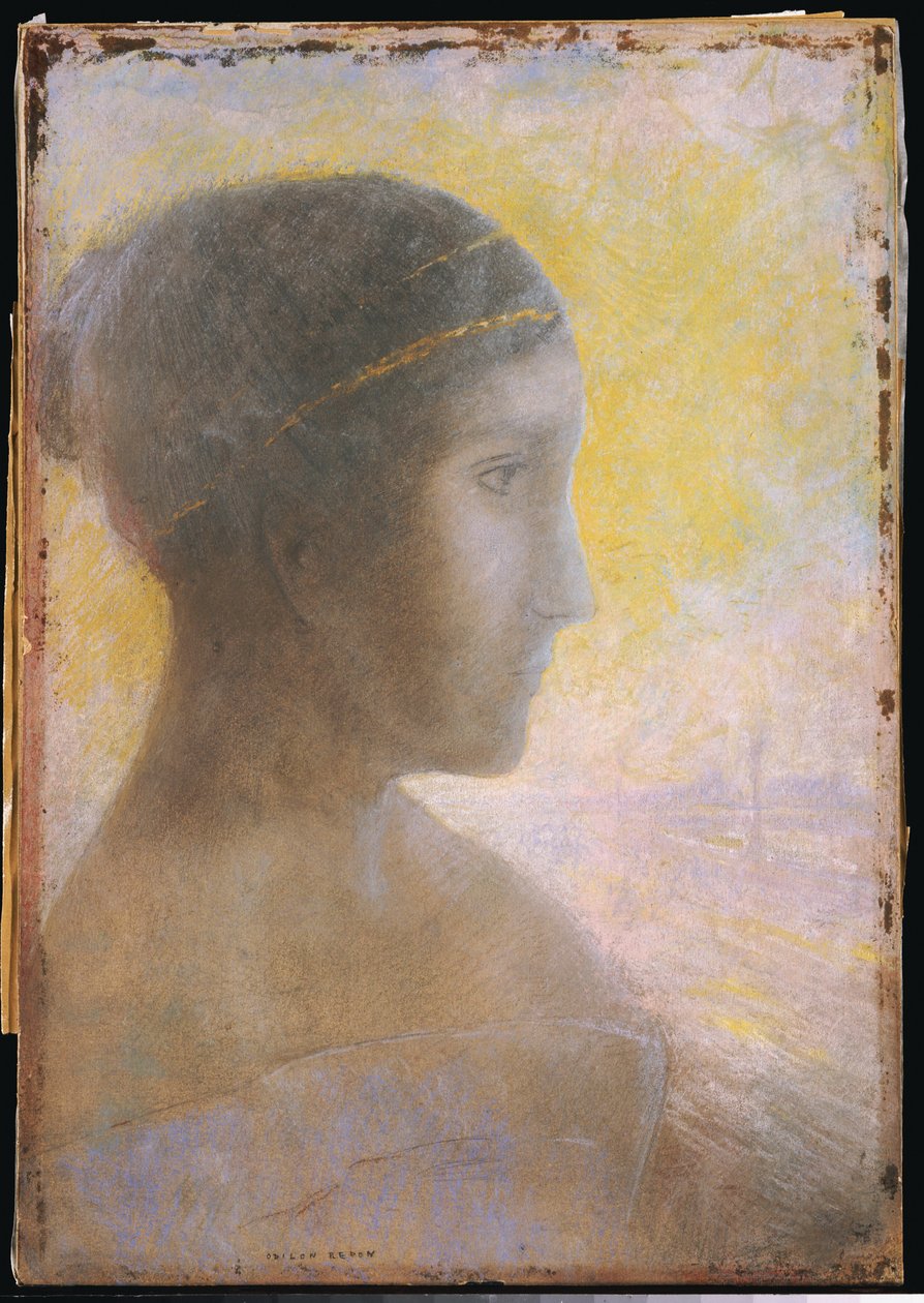 Hoofd van een jonge vrouw in profiel, ca. 1895 door Odilon Redon