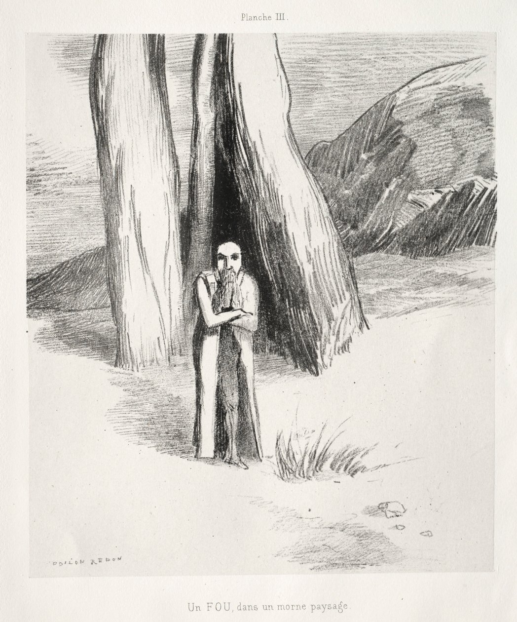 Hulde aan Goya: Een Gek in een Somber Landschap door Odilon Redon