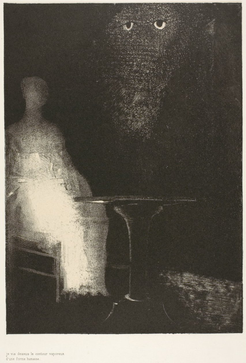 Ik bleef naar de stoel staren en verbeeldde me dat ik er een vaag blauw mistig silhouet van een menselijke figuur op zag, plaat 1 van 6 door Odilon Redon