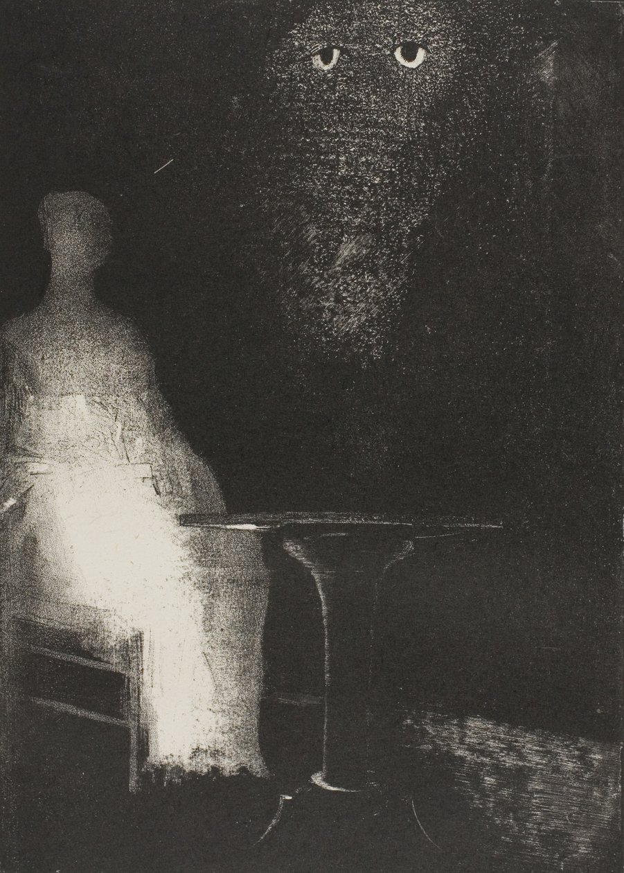Ik bleef naar de stoel staren en verbeeldde me een vaag blauw mistig silhouet van een menselijke figuur te zien, plaat 1 van 6 door Odilon Redon