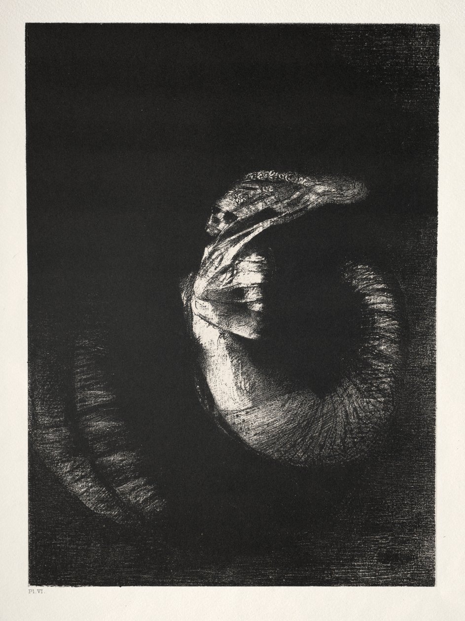Het is een Schedel met Rozen Omkranst. Het Domineert een Vrouwentorso van Parelmoerwitheid door Odilon Redon