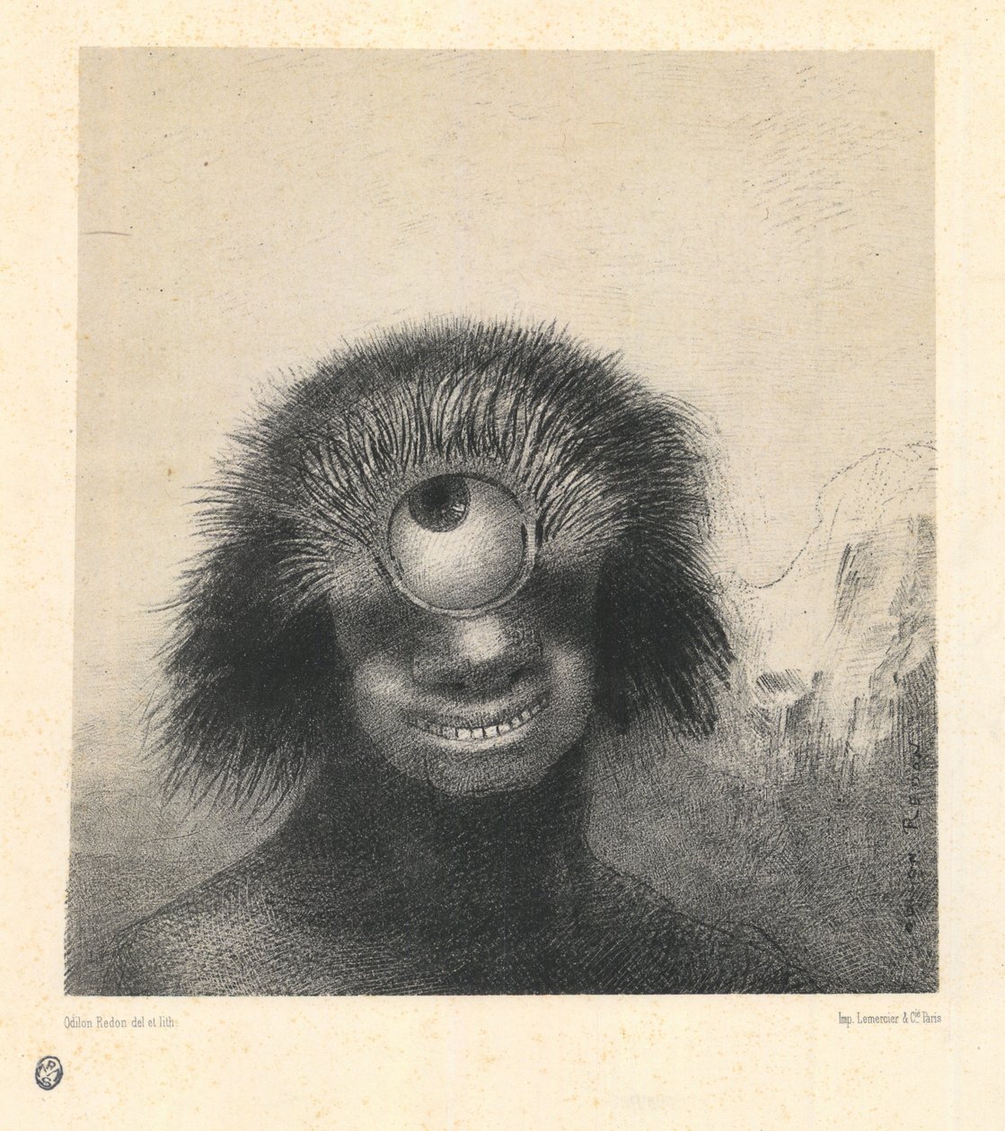 De misvormde poliep dreef op de kusten, een soort glimlachende en afschuwelijke cycloop (uit de serie Les Origines) door Odilon Redon