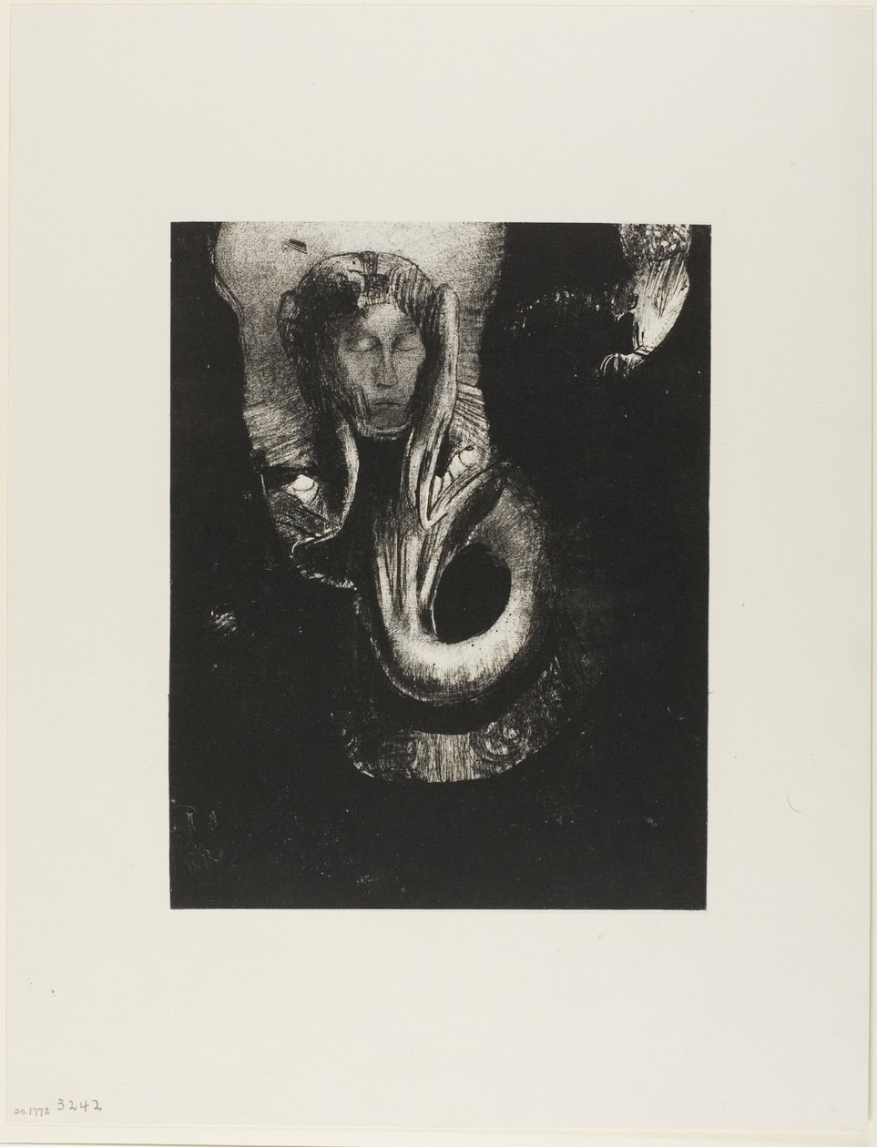 Oannes: "Ik, het eerste bewustzijn in Chaos, rees uit de afgrond om materie te verharden, om vormen te bepalen," plaat 14 uit De Verleiding van Sint-Antonius (3e serie) door Odilon Redon