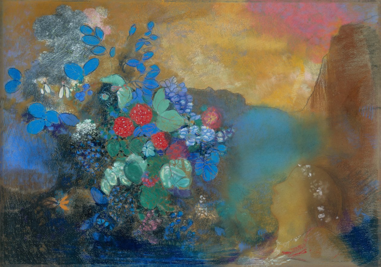 Ophelia tussen de bloemen door Odilon Redon