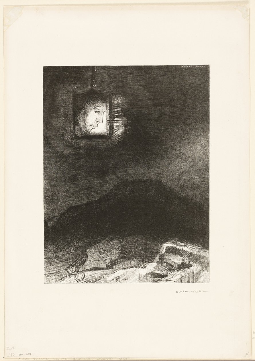 Precaire Glim, een Hoofd Hangend uit de Oneindigheid, plaat 3 van 6 door Odilon Redon