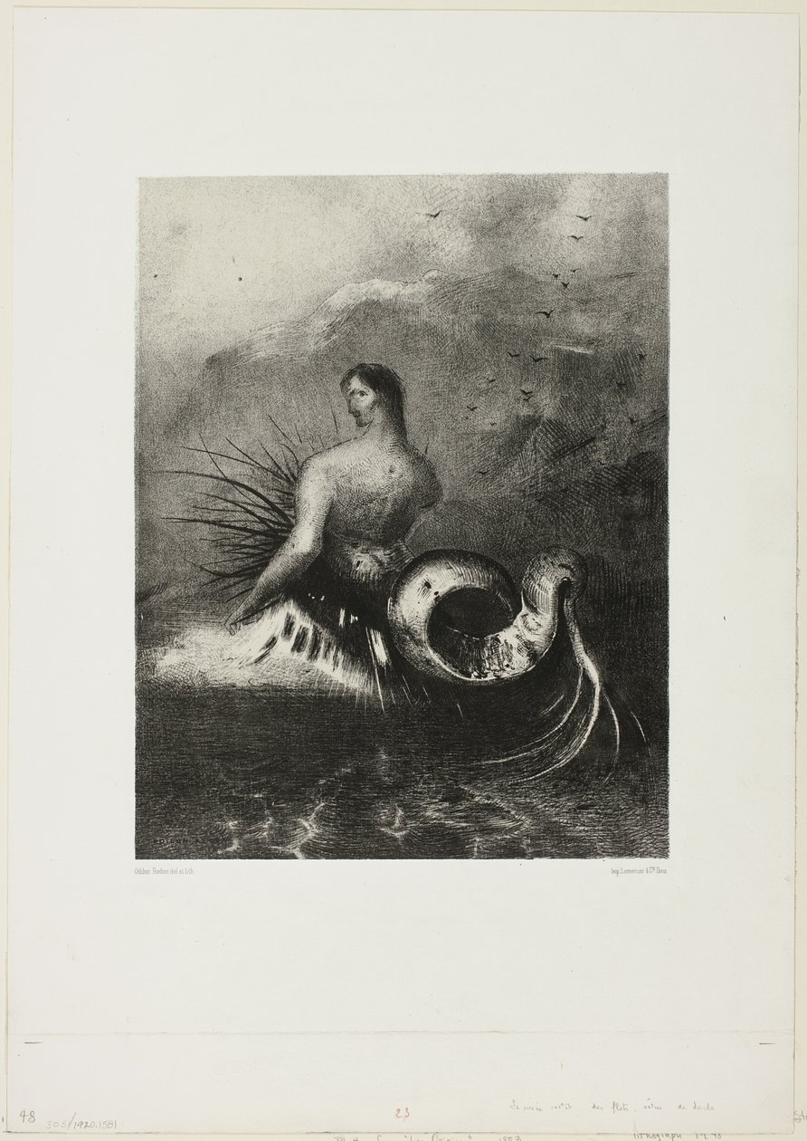 Sirene die uit de golven komt, gekleed in vlammen, plaat 4 van 8 uit "Les Origines" door Odilon Redon